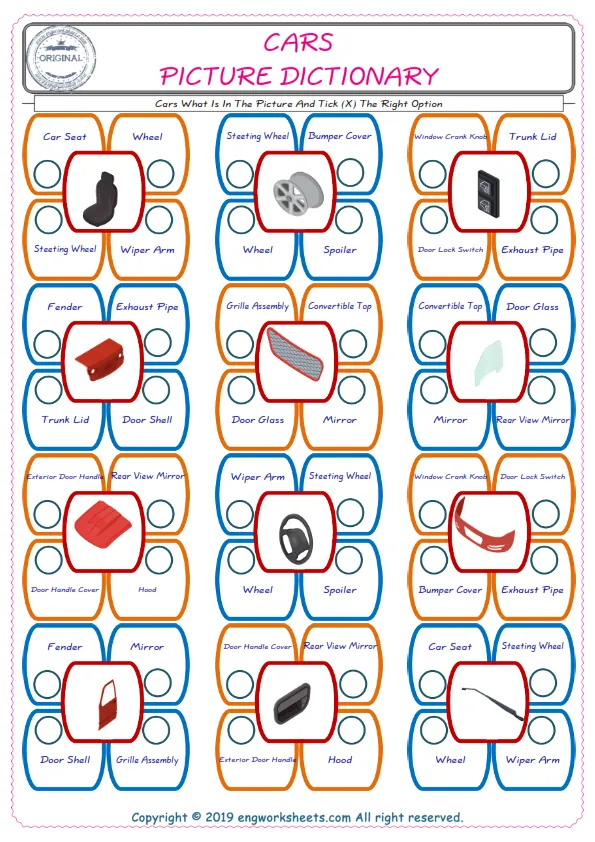 check the picture, mark the correct option amongst the given Cars words English worksheet for kids Worksheet Preview