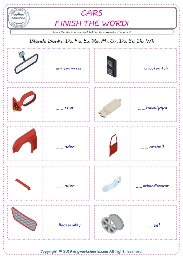 For kids, the Cars English worksheet for supplying into the correct blank place given letters special to the Cars Words. Worksheet Preview