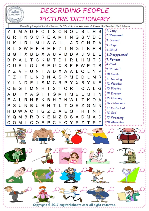 ESL wordsearch worksheets for kids, find Describing People words in the word wordsearch write its number on its picture English worksheet. Worksheet Preview