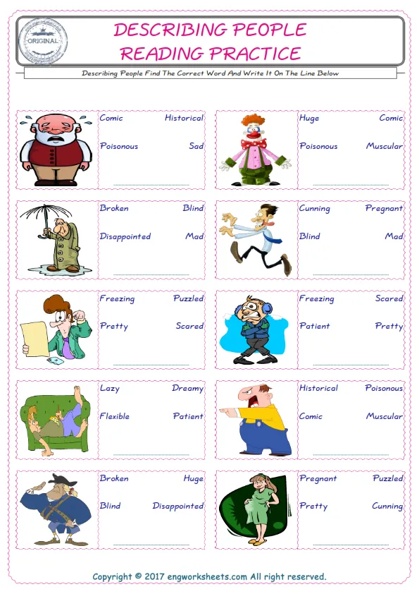 Check the picture of the Describing People for kids ESL worksheet for supplying the correct one among three words into the blank place. Worksheet Preview