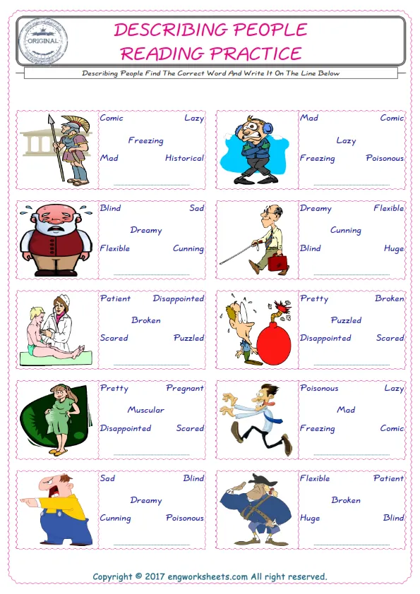 Check the picture of the Describing People for kids ESL worksheet for supplying the correct one among five words into the blank place. Worksheet Preview