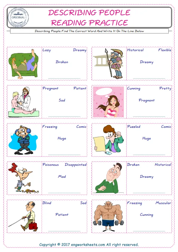 Check the picture of the Describing People for kids ESL worksheet for supplying the correct one among four words into the blank place. Worksheet Preview