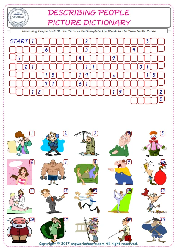 Check the Illustrations of Describing People english worksheets for kids, and Supply the Missing Words in the Word Snake Puzzle ESL play. Worksheet Preview