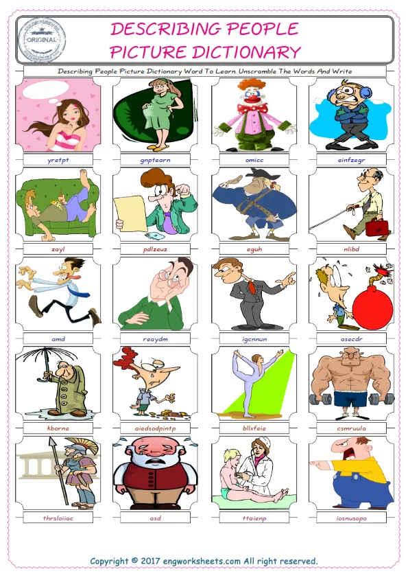 Describing People ESL Worksheets For kids, the exercise worksheet of finding the words given complexly and supplying the correct one. Worksheet Preview
