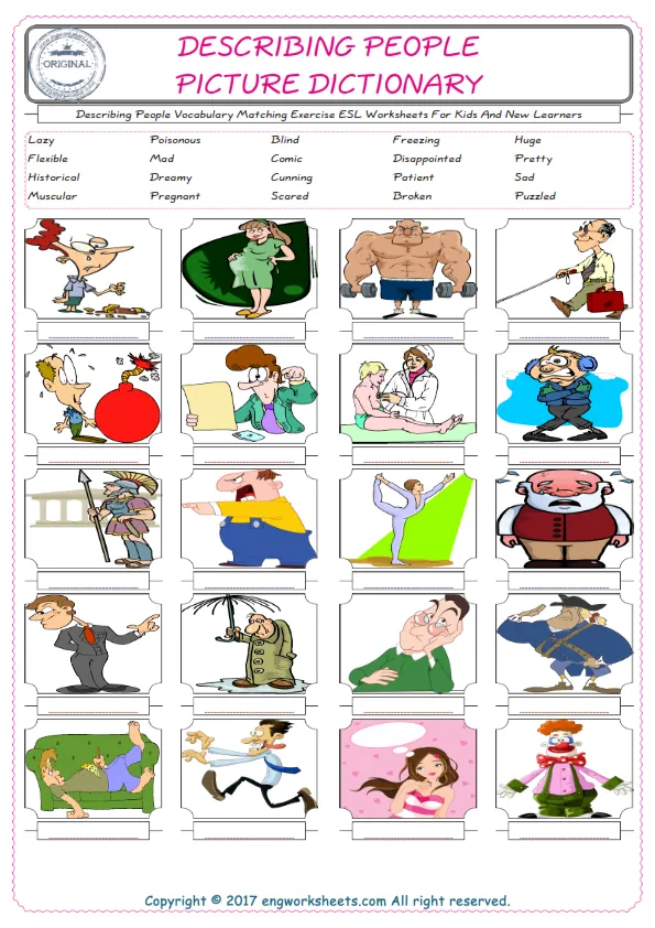 Describing People for Kids ESL Word Matching English Exercise Worksheet. Worksheet Preview