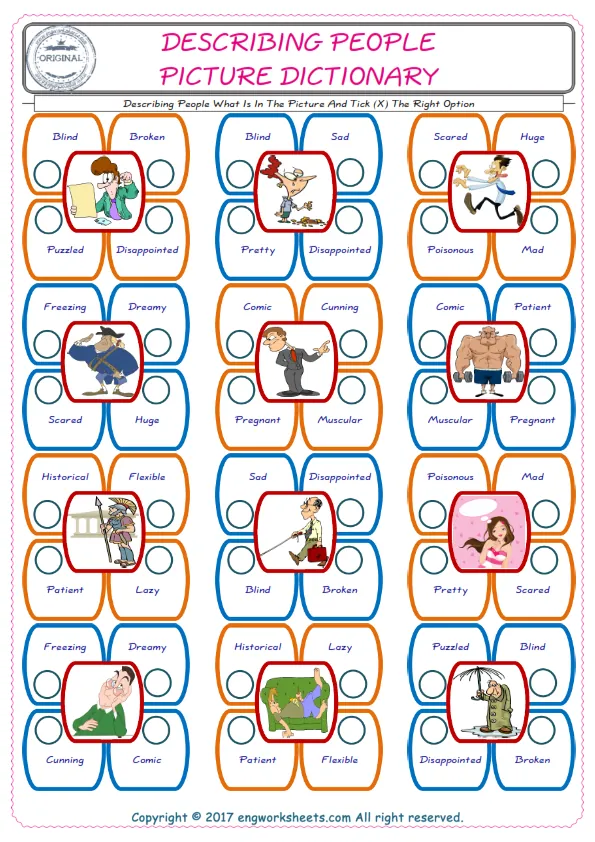 check the picture, mark the correct option amongst the given Describing People words English worksheet for kids Worksheet Preview