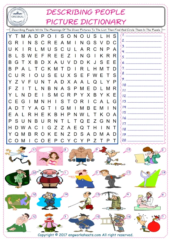 For kids, check the picture of Describing People find, and write the word and find it in the word puzzle ESL printable worksheet. Worksheet Preview