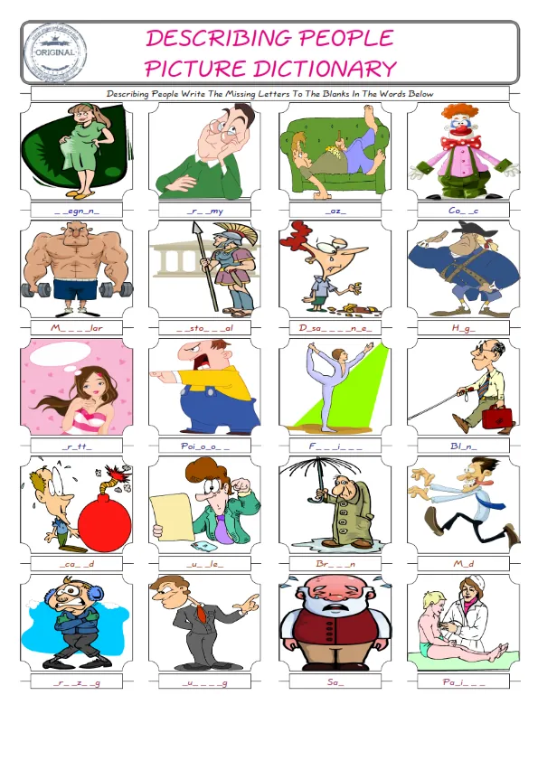Describing People Words English worksheets For kids, the ESL Worksheet for finding and typing the missing letters of Describing People Words Worksheet Preview