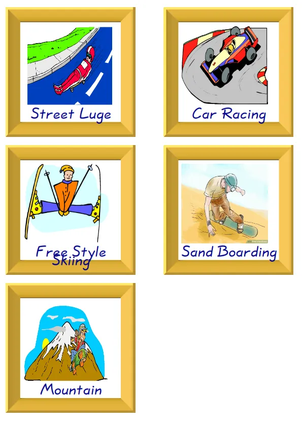 ESL Flashcard together with words containing Extreme Sports Land picture for kids and teachers. Worksheet Preview