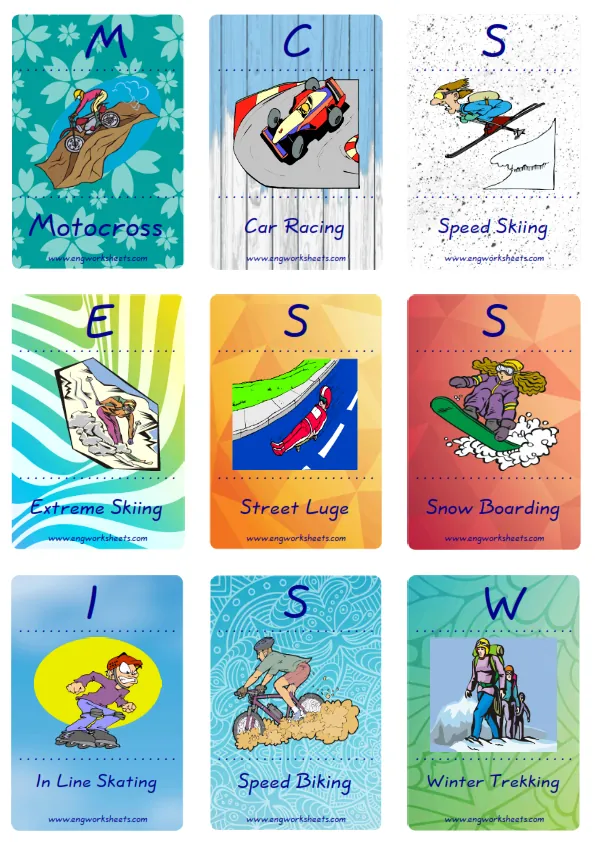 Mini size enjoyable ESL Flashcard Extreme Sports Land for kids and teachers. Worksheet Preview