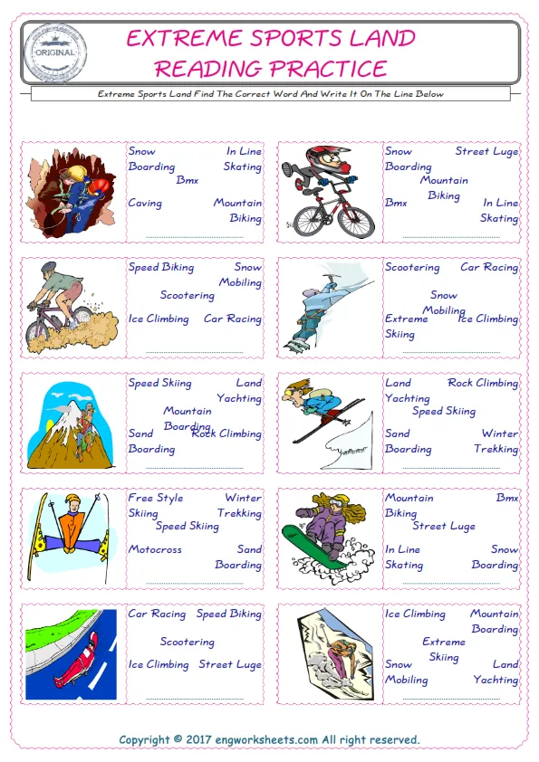 Check the picture of the Extreme Sports Land for kids ESL worksheet for supplying the correct one among five words into the blank place. Worksheet Preview