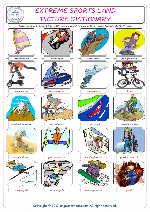 Extreme Sports Land ESL Worksheets For kids, the exercise worksheet of finding the words given complexly and supplying the correct one. Worksheet Preview