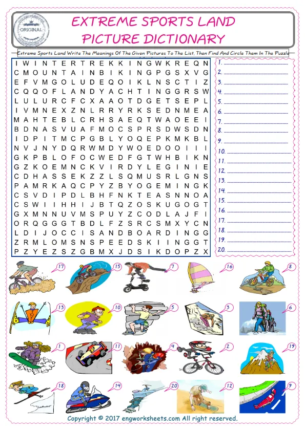 For kids, check the picture of Extreme Sports Land find, and write the word and find it in the word puzzle ESL printable worksheet. Worksheet Preview