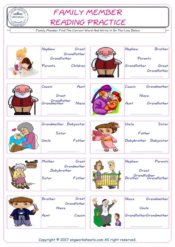 Check the picture of the Family Member for kids ESL worksheet for supplying the correct one among five words into the blank place. Worksheet Preview