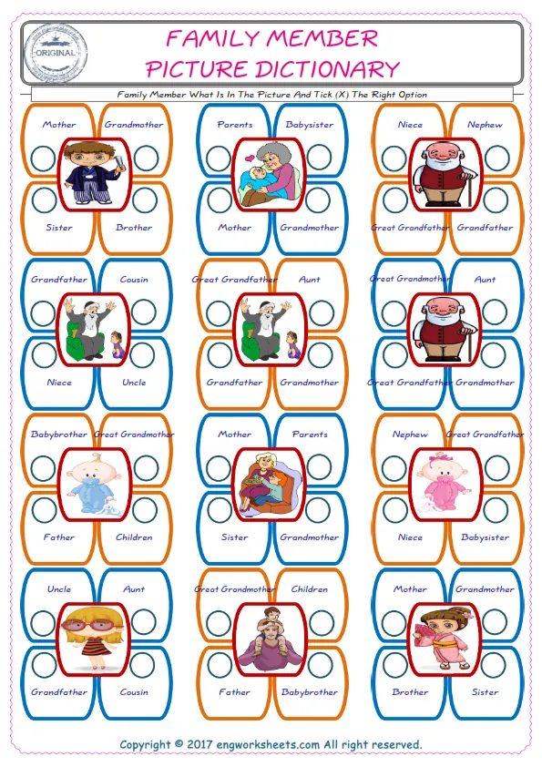 check the picture, mark the correct option amongst the given Family Member words English worksheet for kids Worksheet Preview