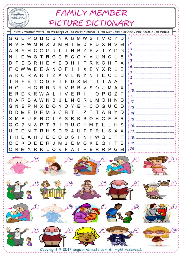 For kids, check the picture of Family Member find, and write the word and find it in the word puzzle ESL printable worksheet. Worksheet Preview