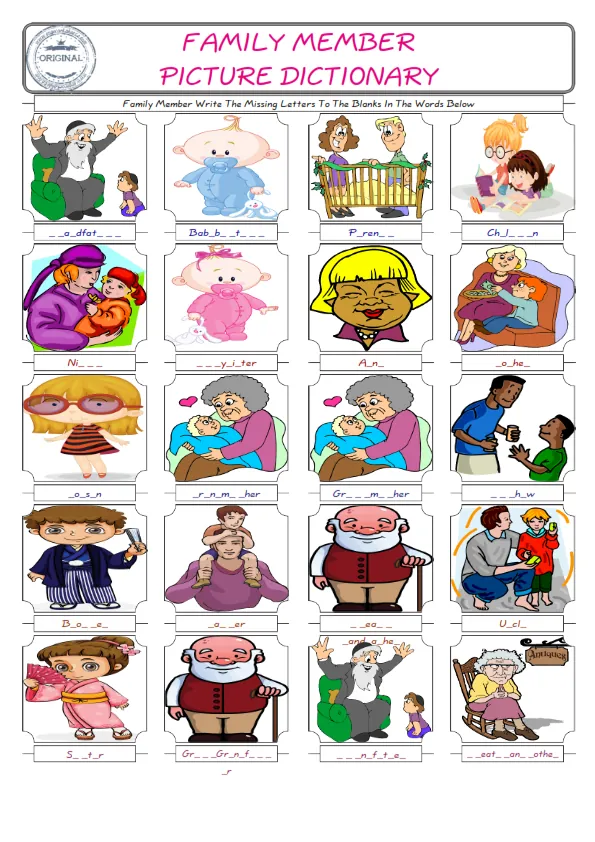 Family Member Words English worksheets For kids, the ESL Worksheet for finding and typing the missing letters of Family Member Words Worksheet Preview