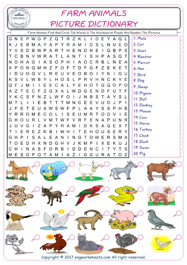 ESL wordsearch worksheets for kids, find Farm Animals words in the word wordsearch write its number on its picture English worksheet. Worksheet Preview