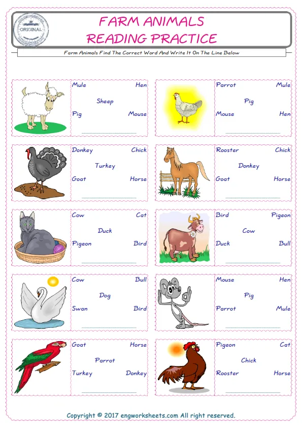 Check the picture of the Farm Animals for kids ESL worksheet for supplying the correct one among five words into the blank place. Worksheet Preview