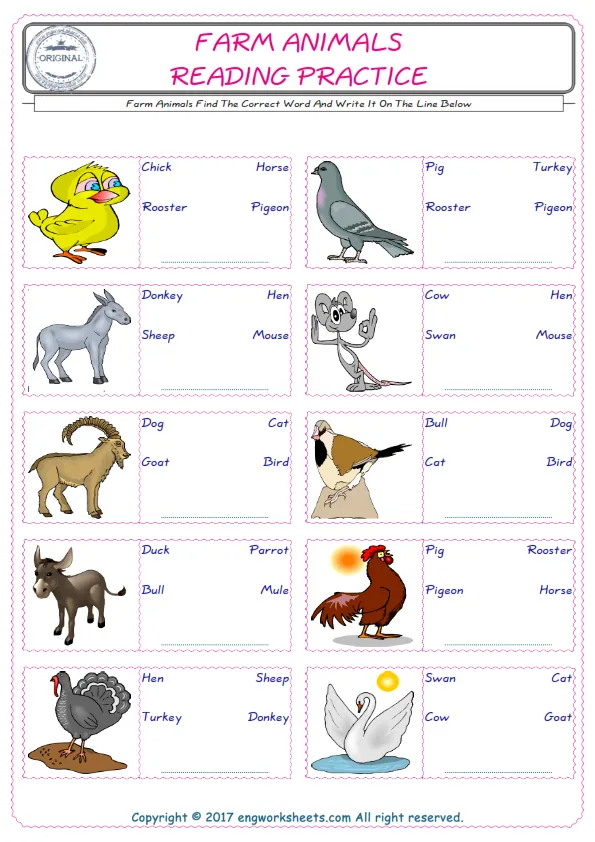 Check the picture of the Farm Animals for kids ESL worksheet for supplying the correct one among three words into the blank place. Worksheet Preview