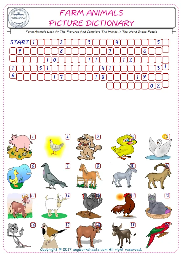 Check the Illustrations of Farm Animals english worksheets for kids, and Supply the Missing Words in the Word Snake Puzzle ESL play. Worksheet Preview