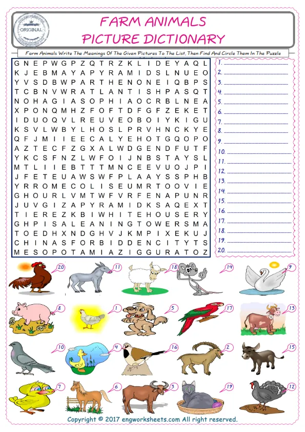 For kids, check the picture of Farm Animals find, and write the word and find it in the word puzzle ESL printable worksheet. Worksheet Preview