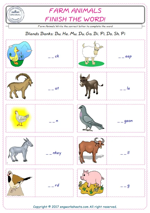 For kids, the Farm Animals English worksheet for supplying into the correct blank place given letters special to the Farm Animals Words. Worksheet Preview