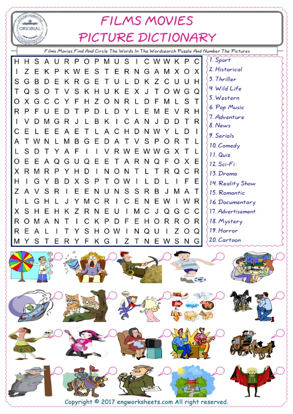 ESL wordsearch worksheets for kids, find Films Movies words in the word wordsearch write its number on its picture English worksheet. Worksheet Preview