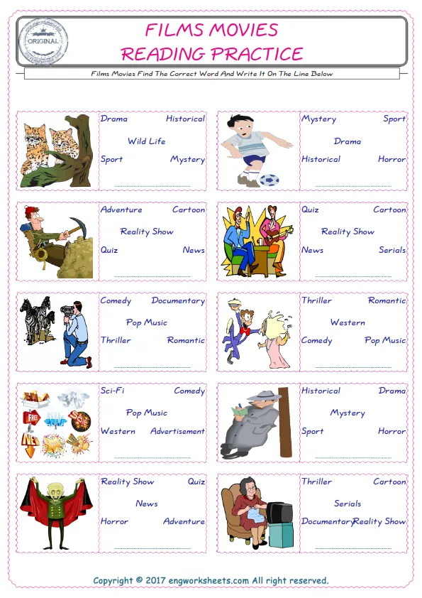Check the picture of the Films Movies for kids ESL worksheet for supplying the correct one among five words into the blank place. Worksheet Preview