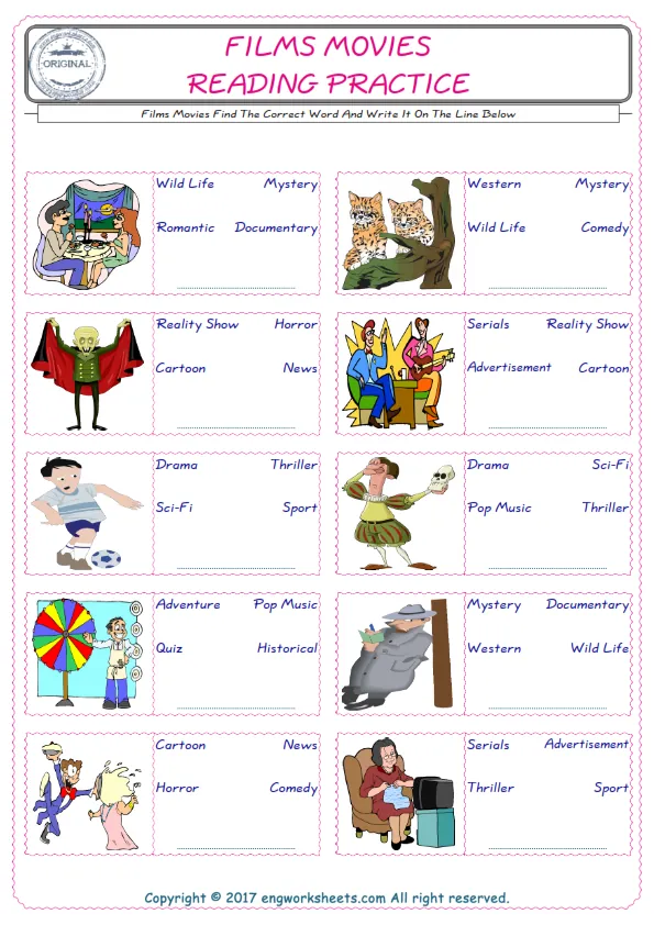 Check the picture of the Films Movies for kids ESL worksheet for supplying the correct one among three words into the blank place. Worksheet Preview