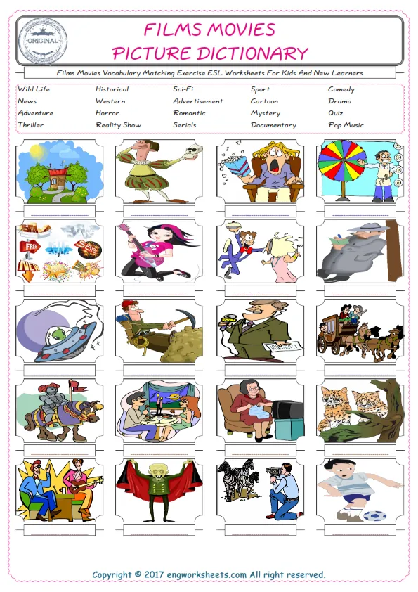 Films Movies for Kids ESL Word Matching English Exercise Worksheet. Worksheet Preview