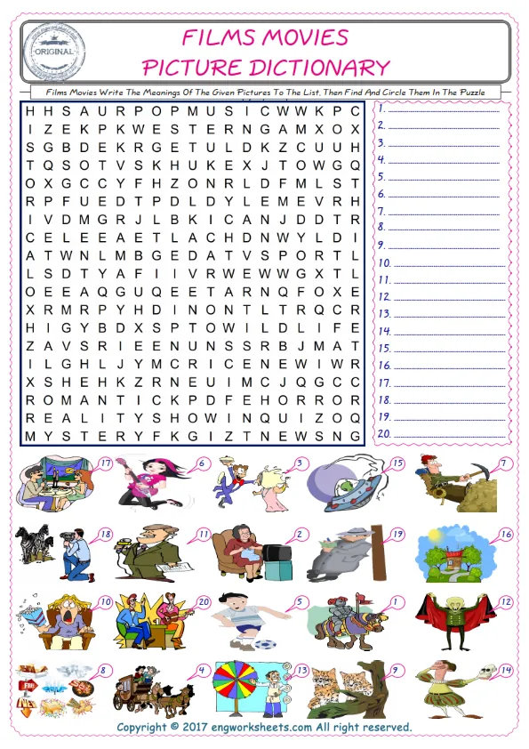 For kids, check the picture of Films Movies find, and write the word and find it in the word puzzle ESL printable worksheet. Worksheet Preview