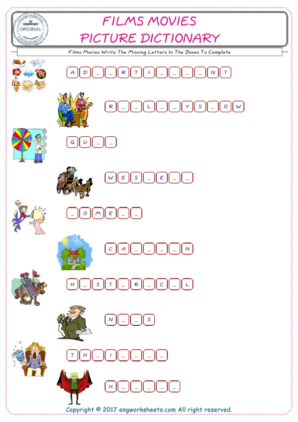 Type in the blank and learn the missing letters in the Films Movies words given for kids English worksheet. Worksheet Preview