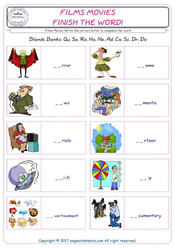For kids, the Films Movies English worksheet for supplying into the correct blank place given letters special to the Films Movies Words. Worksheet Preview