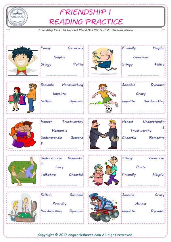 Check the picture of the Friendship for kids ESL worksheet for supplying the correct one among five words into the blank place. Worksheet Preview