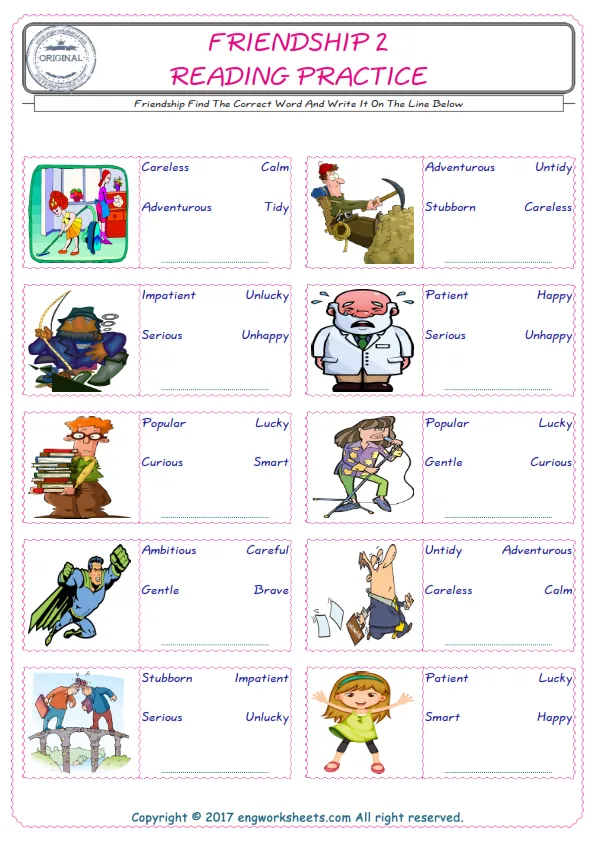 Check the picture of the Friendship for kids ESL worksheet for supplying the correct one among three words into the blank place. Worksheet Preview