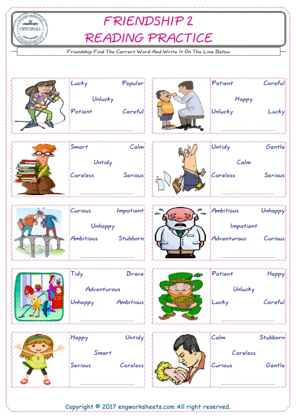 Check the picture of the Friendship for kids ESL worksheet for supplying the correct one among five words into the blank place. Worksheet Preview