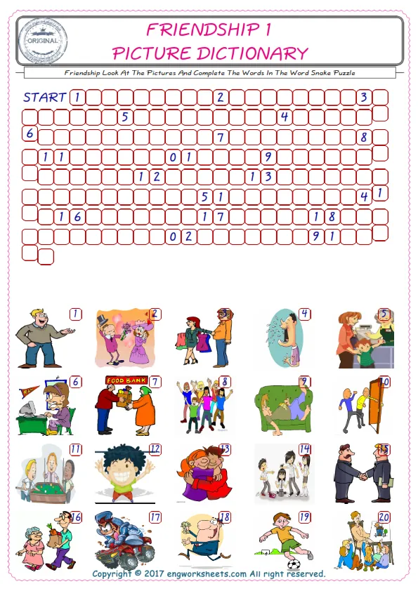 Check the Illustrations of Friendship english worksheets for kids, and Supply the Missing Words in the Word Snake Puzzle ESL play. Worksheet Preview
