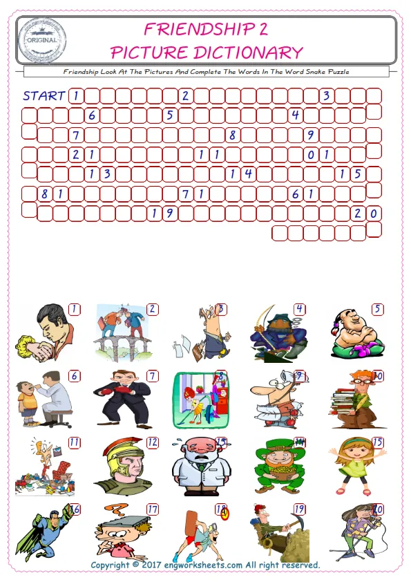 Check the Illustrations of Friendship english worksheets for kids, and Supply the Missing Words in the Word Snake Puzzle ESL play. Worksheet Preview