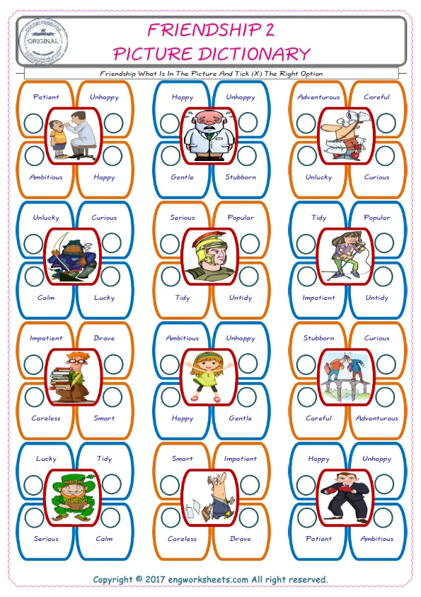 check the picture, mark the correct option amongst the given Friendship words English worksheet for kids Worksheet Preview