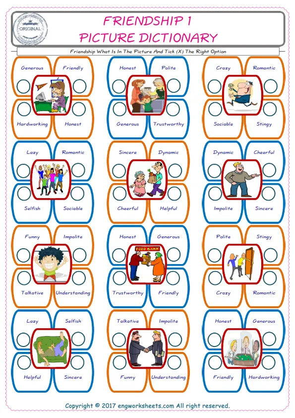 check the picture, mark the correct option amongst the given Friendship words English worksheet for kids Worksheet Preview