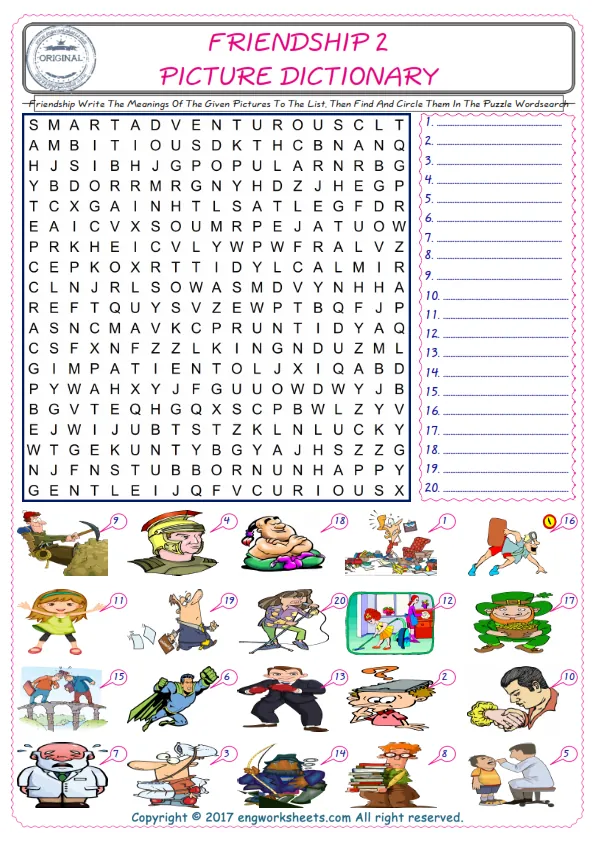 For kids, check the picture of Friendship find, and write the word and find it in the word puzzle ESL printable worksheet. Worksheet Preview