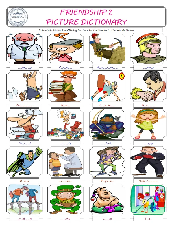 Friendship Words English worksheets For kids, the ESL Worksheet for finding and typing the missing letters of Friendship Words Worksheet Preview