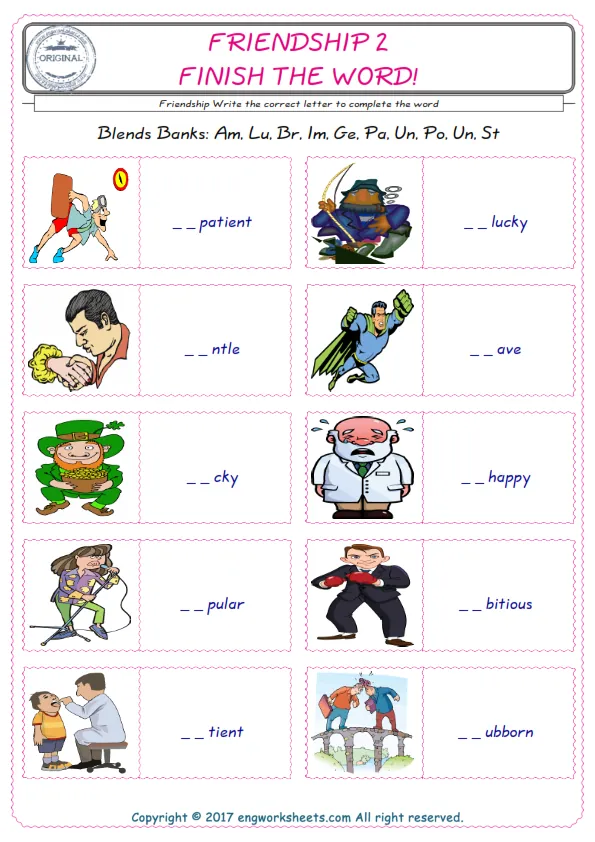For kids, the Friendship English worksheet for supplying into the correct blank place given letters special to the Friendship Words. Worksheet Preview
