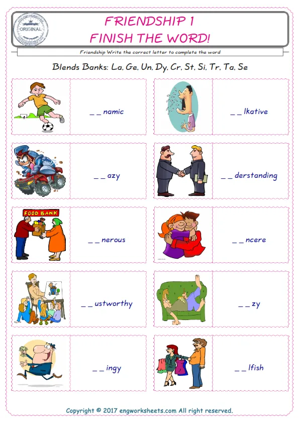 For kids, the Friendship English worksheet for supplying into the correct blank place given letters special to the Friendship Words. Worksheet Preview