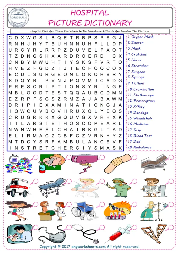 ESL wordsearch worksheets for kids, find Hospital words in the word wordsearch write its number on its picture English worksheet. Worksheet Preview