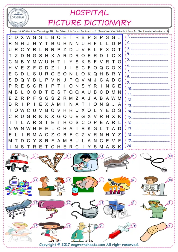 For kids, check the picture of Hospital find, and write the word and find it in the word puzzle ESL printable worksheet. Worksheet Preview