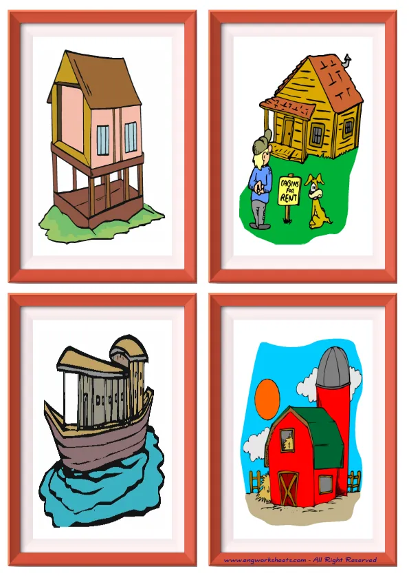 Quarter page ESL Flashcard without words containing Houses Homes picture for kids and teachers. Worksheet Preview