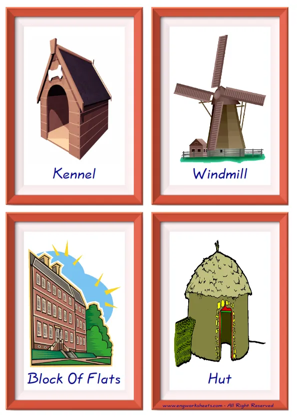 Quarter page ESL Flashcard together with words containing Houses Homes picture for kids and teachers. Worksheet Preview
