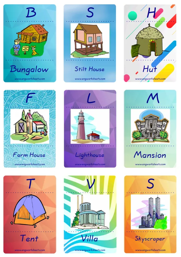 Mini size enjoyable ESL Flashcard Houses Homes for kids and teachers. Worksheet Preview